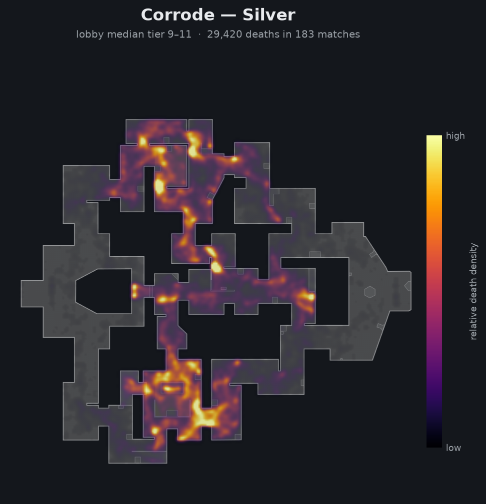Corrode death-location heatmap - Silver
