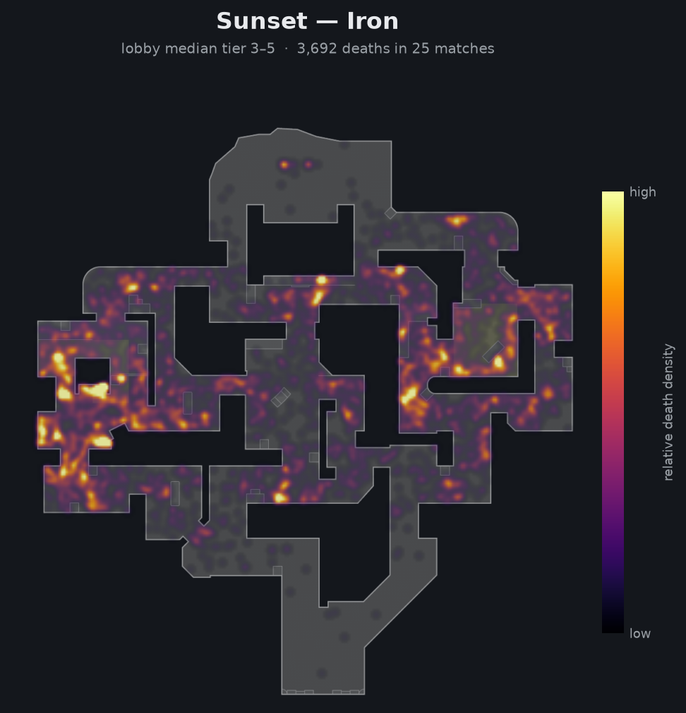 Sunset death-location heatmap - Iron
