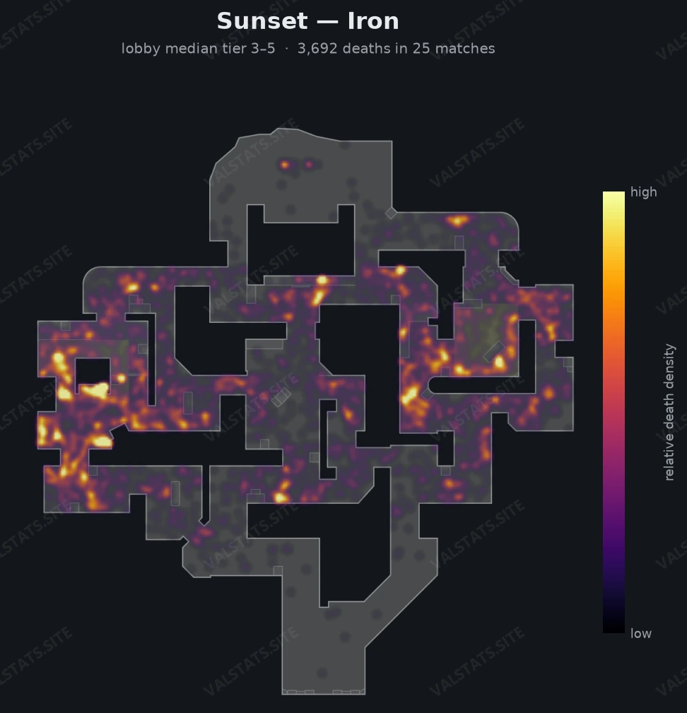 Sunset death-location heatmap - Iron