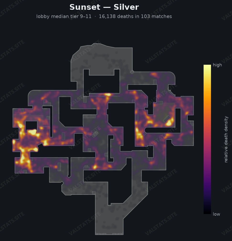 Sunset death-location heatmap - Silver